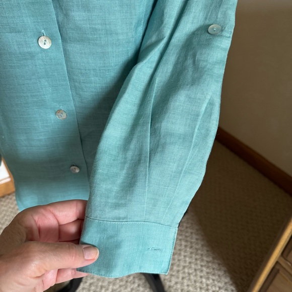 Jordan Vintage Blue Green Teal Linen Button-Down Oversized Shirt Top - Picture 7 of 12